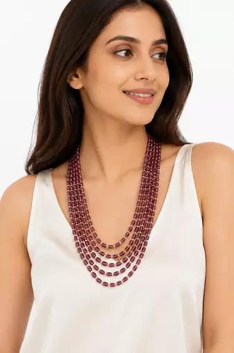 Multi-layer beads maala necklace, purple, oval glass beads with white spacers, 22 inches