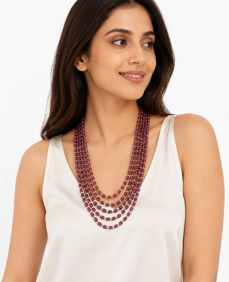 Multi-layer beads maala necklace, purple, oval glass beads with white spacers, 22 inches