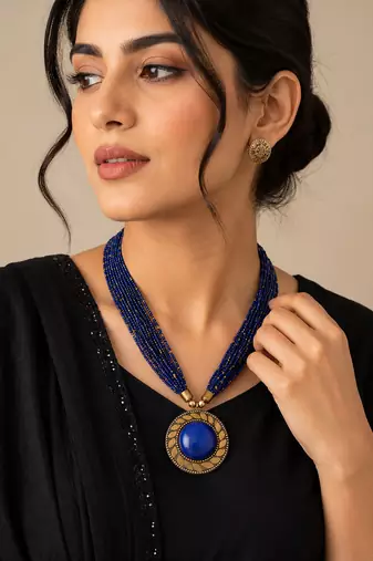 Blue & gold multi-strand beaded necklace with round medallion pendant, boho tribal style