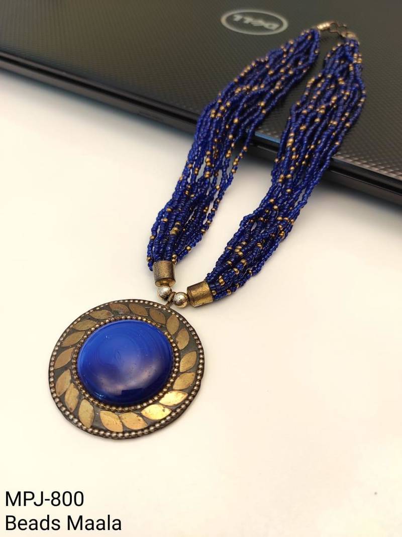 Blue & gold multi-strand beaded necklace with round medallion pendant, boho tribal style