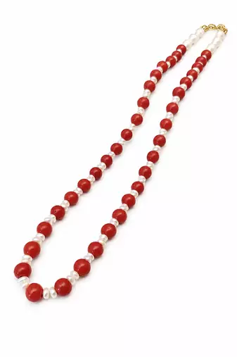 Red coral beaded necklace with freshwater pearls, gold-tone clasp, long strand