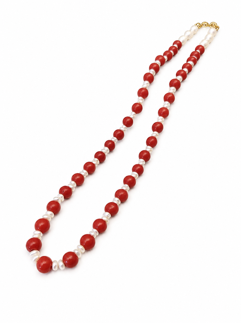 Red coral beaded necklace with freshwater pearls, gold-tone clasp, long strand