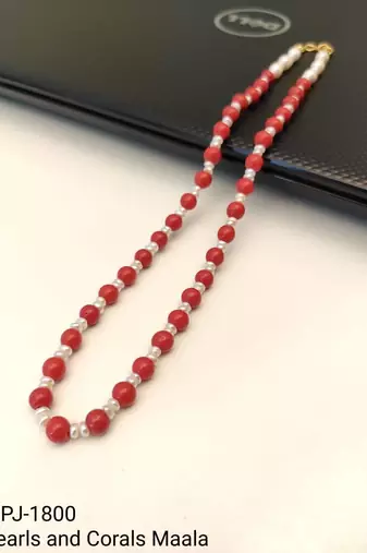 Red coral beaded necklace with freshwater pearls, gold-tone clasp, long strand