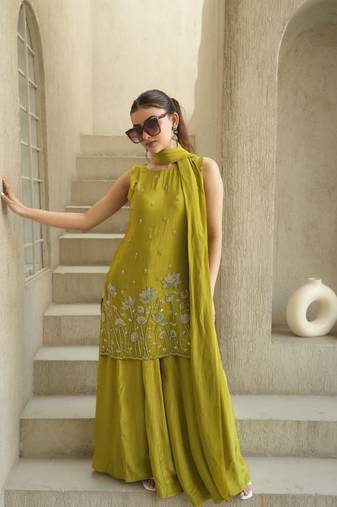 Women's Beautiful Embroidery Work French Crepe Fabric Straight Kurta Sharara and Dupatta Set