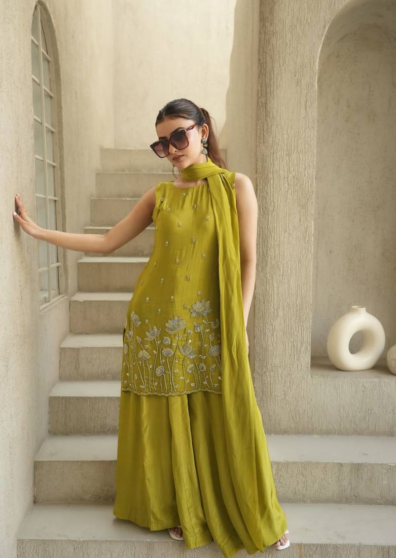 Women's Beautiful Embroidery Work French Crepe Fabric Straight Kurta Sharara and Dupatta Set