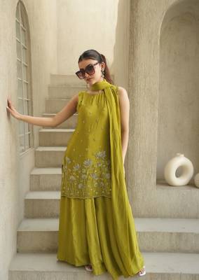 Women's Beautiful Embroidery Work French Crepe Fabric Straight Kurta Sharara and Dupatta Set 1