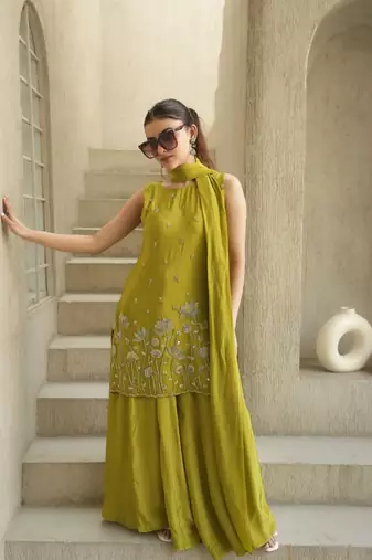 Women's Beautiful Embroidery Work French Crepe Fabric Straight Kurta Sharara and Dupatta Set