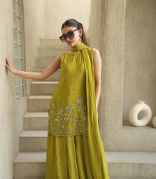 Embroidered French Crepe Straight Kurta Sharara and Dupatta Set