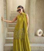 Women's Beautiful Embroidery Work French Crepe Fabric Straight Kurta Sharara and Dupatta Set