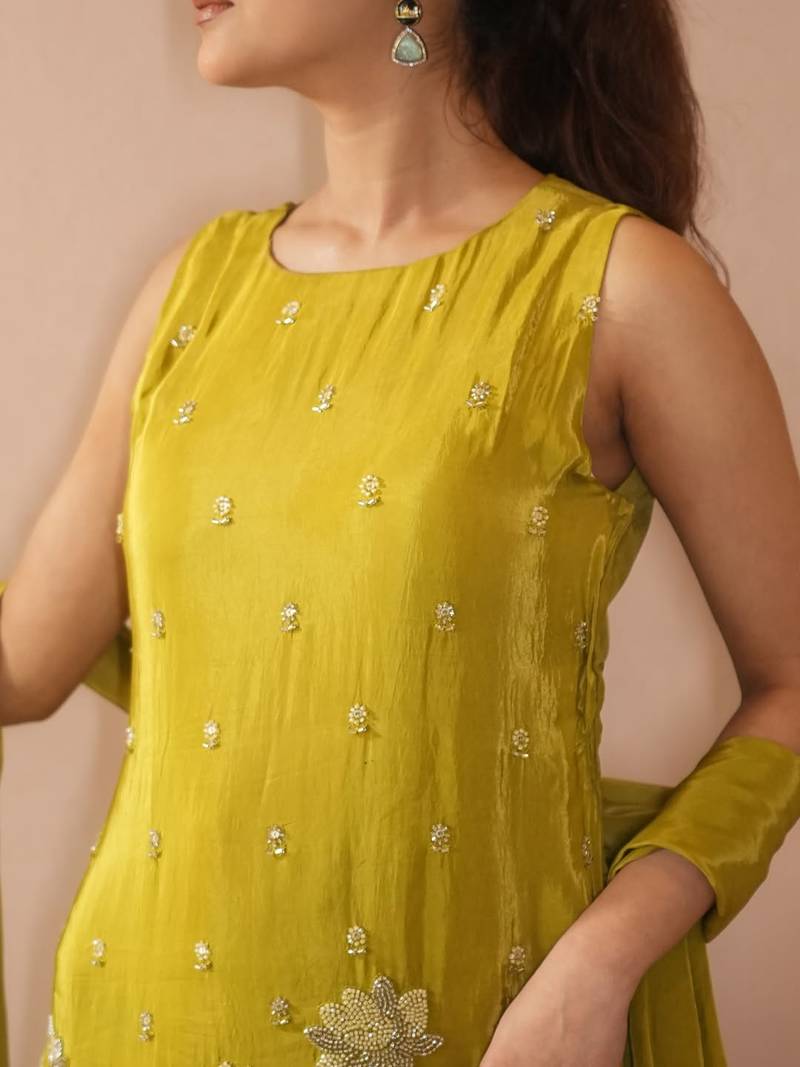 Women's Beautiful Embroidery Work French Crepe Fabric Straight Kurta Sharara and Dupatta Set