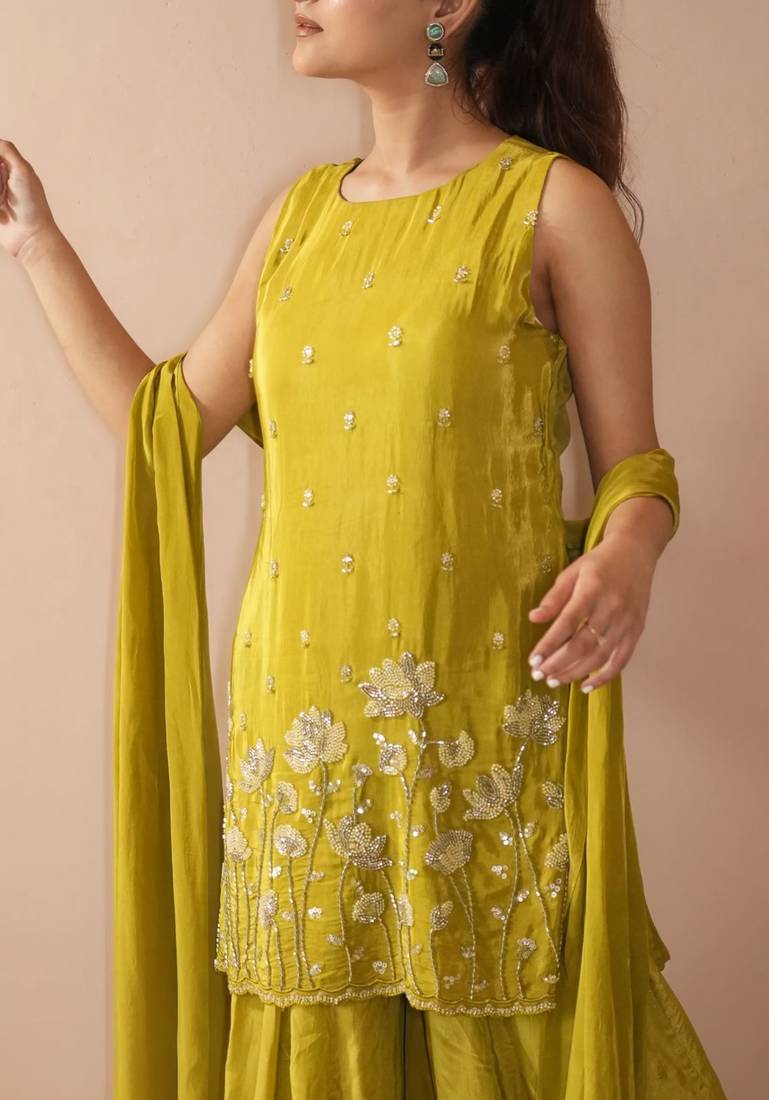 Women's Beautiful Embroidery Work French Crepe Fabric Straight Kurta Sharara and Dupatta Set