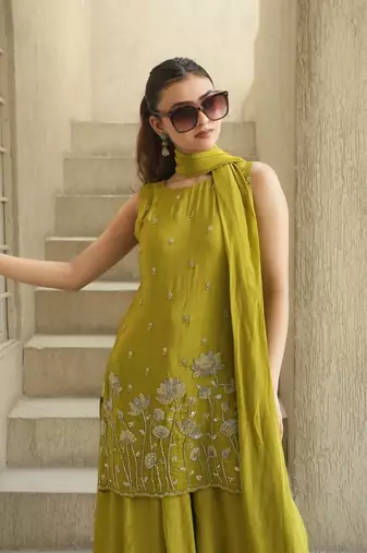 Women's Beautiful Embroidery Work French Crepe Fabric Straight Kurta Sharara and Dupatta Set