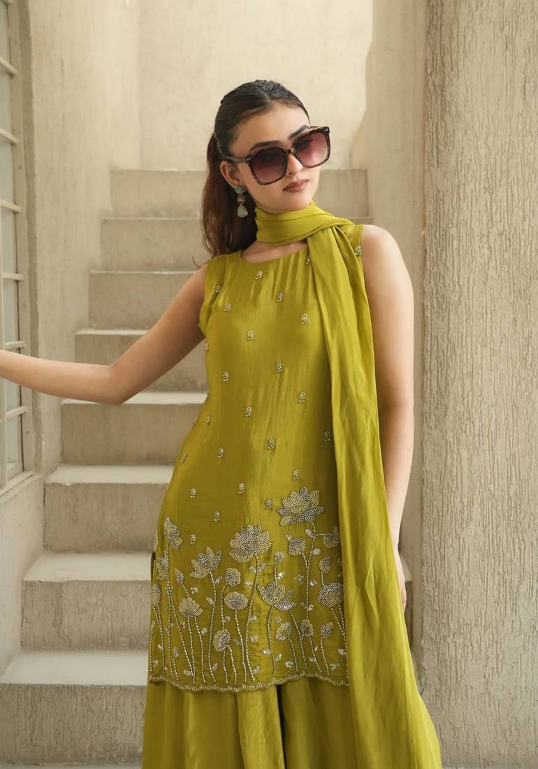 Women's Beautiful Embroidery Work French Crepe Fabric Straight Kurta Sharara and Dupatta Set