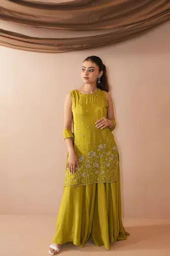 Women's Beautiful Embroidery Work French Crepe Fabric Straight Kurta Sharara and Dupatta Set