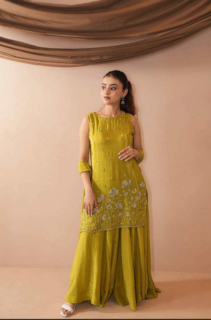 Women's Beautiful Embroidery Work French Crepe Fabric Straight Kurta Sharara and Dupatta Set