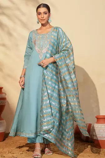 Women's Beautiful Embroidery Work Viscose Silk Fabric Flared Anarkali Pant and Dupatta Set