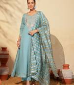Women's Beautiful Embroidery Work Viscose Silk Fabric Flared Anarkali Pant and Dupatta Set