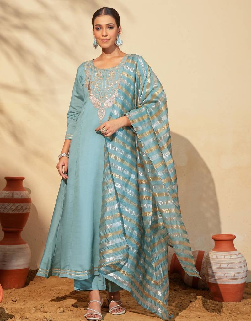 Women's Beautiful Embroidery Work Viscose Silk Fabric Flared Anarkali Pant and Dupatta Set