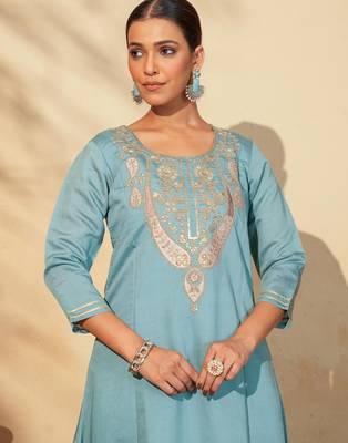 Women's Beautiful Embroidery Work Viscose Silk Fabric Flared Anarkali Pant and Dupatta Set 2