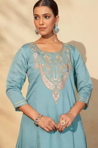 Women's Beautiful Embroidery Work Viscose Silk Fabric Flared Anarkali Pant and Dupatta Set