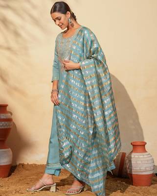 Women's Beautiful Embroidery Work Viscose Silk Fabric Flared Anarkali Pant and Dupatta Set 3