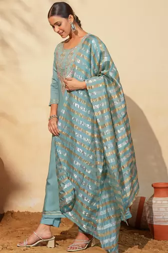 Women's Beautiful Embroidery Work Viscose Silk Fabric Flared Anarkali Pant and Dupatta Set