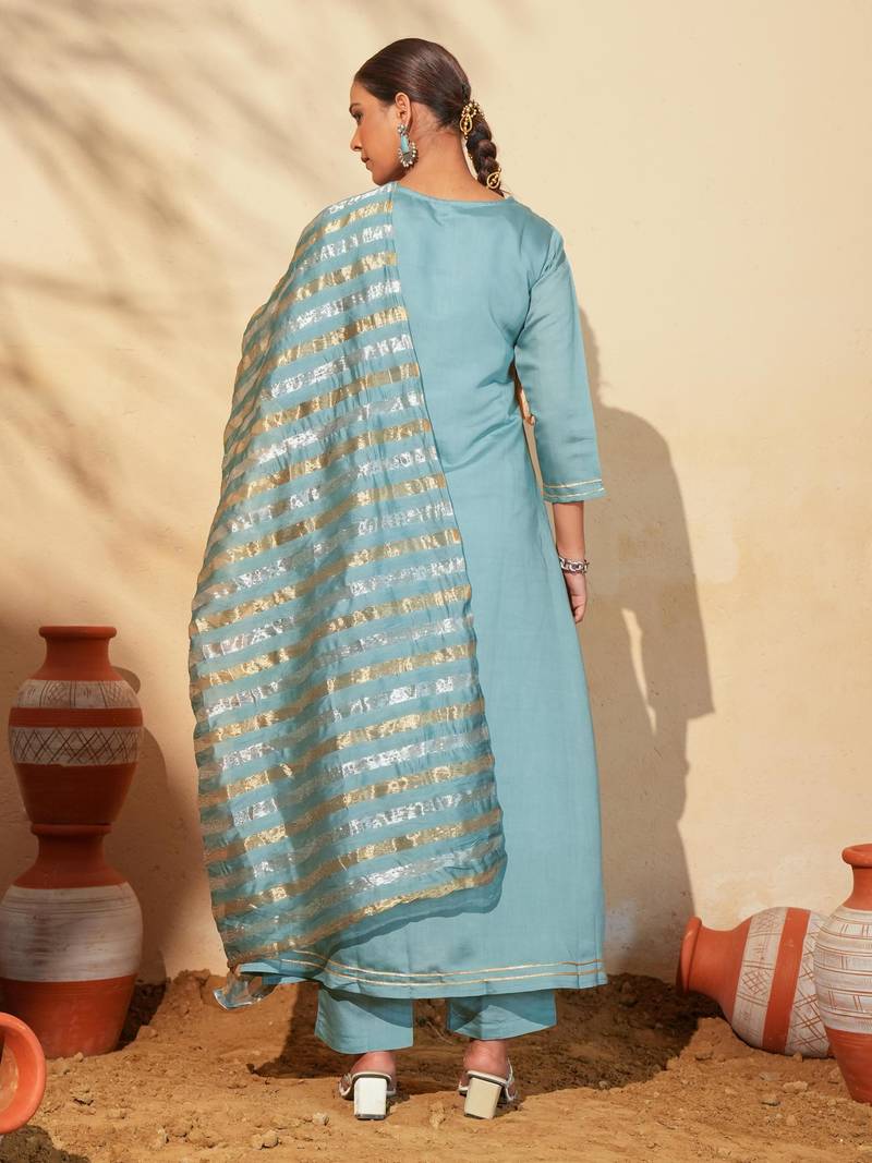 Women's Beautiful Embroidery Work Viscose Silk Fabric Flared Anarkali Pant and Dupatta Set