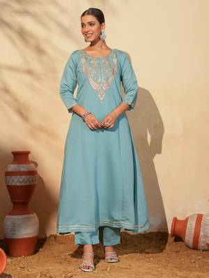 Women's Beautiful Embroidery Work Viscose Silk Fabric Flared Anarkali Pant and Dupatta Set 5