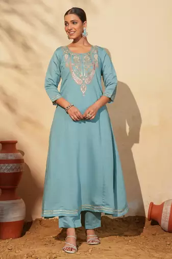 Women's Beautiful Embroidery Work Viscose Silk Fabric Flared Anarkali Pant and Dupatta Set