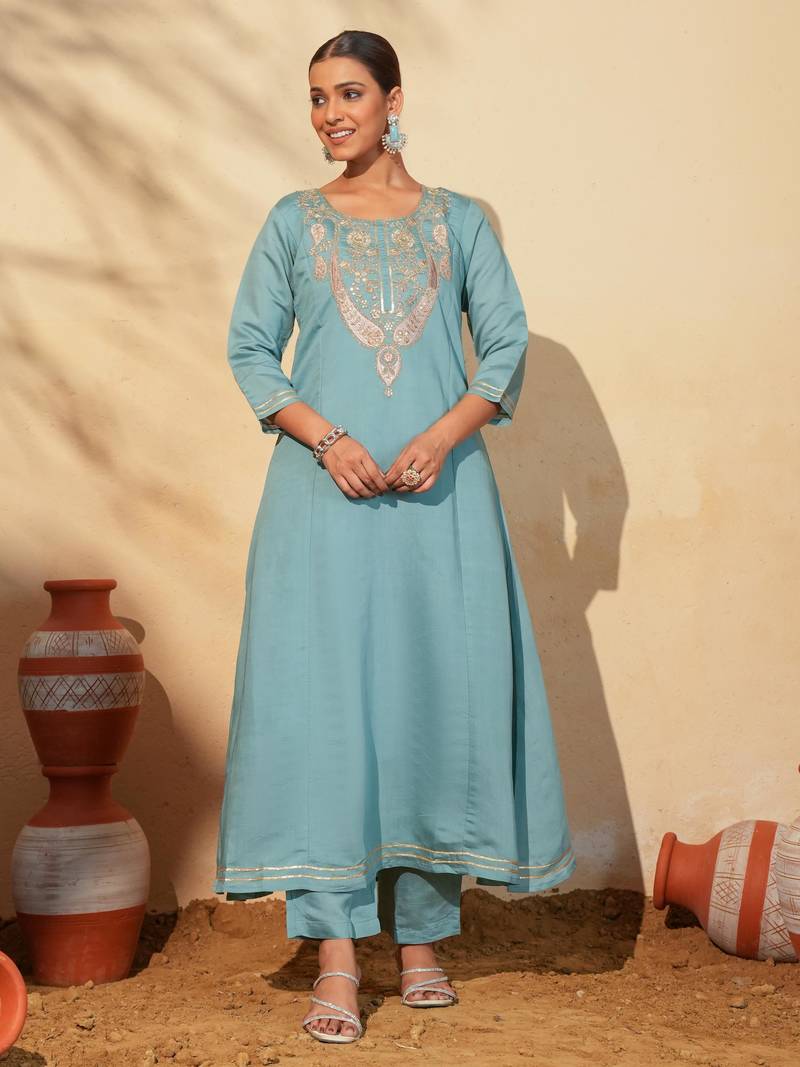 Women's Beautiful Embroidery Work Viscose Silk Fabric Flared Anarkali Pant and Dupatta Set