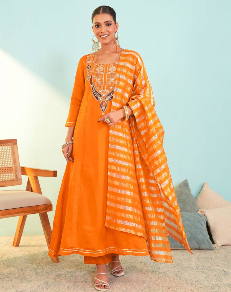 Women's Beautiful Embroidery Work Viscose Silk Fabric Flared Anarkali Pant and Dupatta Set