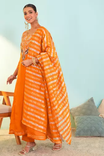 Women's Beautiful Embroidery Work Viscose Silk Fabric Flared Anarkali Pant and Dupatta Set