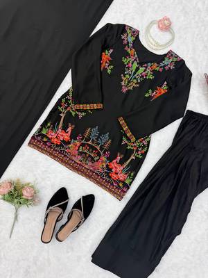 Black reyon thread work farshi palazzo suit 5