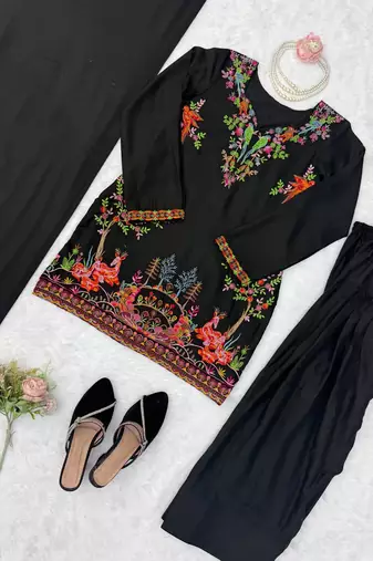 Black reyon thread work farshi palazzo suit