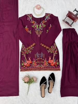 Purple reyon thread work farshi palazzo suit 5