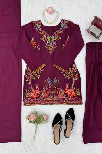 Purple reyon thread work farshi palazzo suit