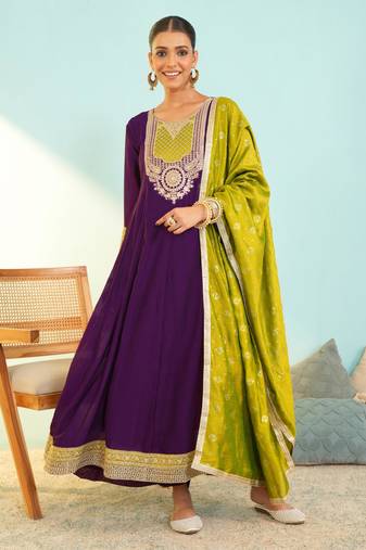 Women's Beautiful Embroidery Work Vichitra Silk Fabric Flared Anarkali Pant and Dupatta Set