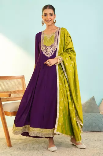 Women's Beautiful Embroidery Work Vichitra Silk Fabric Flared Anarkali Pant and Dupatta Set