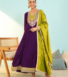 Women's Beautiful Embroidery Work Vichitra Silk Fabric Flared Anarkali Pant and Dupatta Set