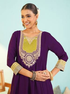 Women's Beautiful Embroidery Work Vichitra Silk Fabric Flared Anarkali Pant and Dupatta Set 2