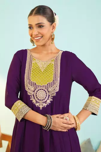 Women's Beautiful Embroidery Work Vichitra Silk Fabric Flared Anarkali Pant and Dupatta Set