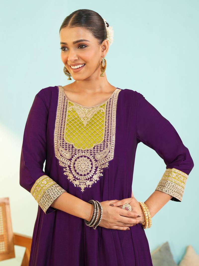 Women's Beautiful Embroidery Work Vichitra Silk Fabric Flared Anarkali Pant and Dupatta Set