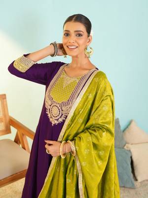 Women's Beautiful Embroidery Work Vichitra Silk Fabric Flared Anarkali Pant and Dupatta Set 3