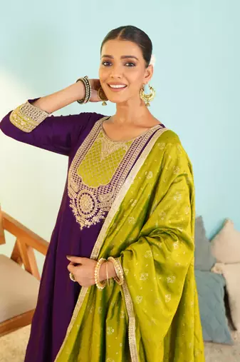 Women's Beautiful Embroidery Work Vichitra Silk Fabric Flared Anarkali Pant and Dupatta Set