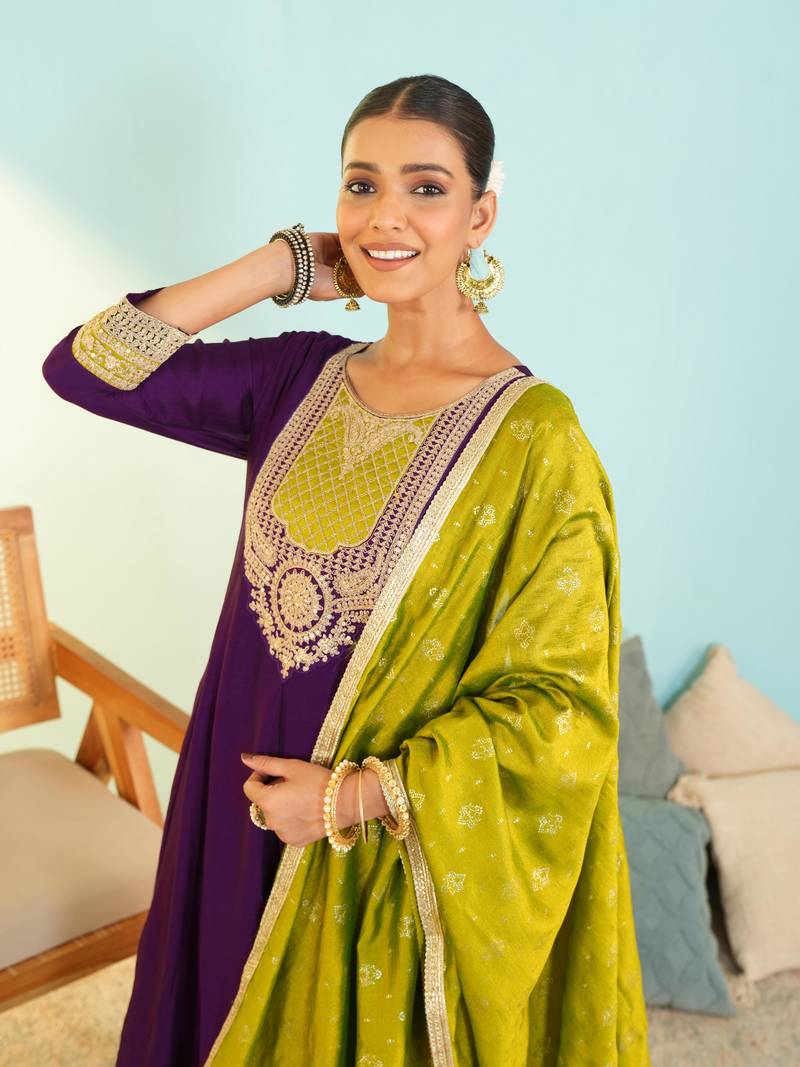 Women's Beautiful Embroidery Work Vichitra Silk Fabric Flared Anarkali Pant and Dupatta Set