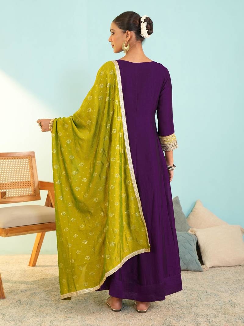Women's Beautiful Embroidery Work Vichitra Silk Fabric Flared Anarkali Pant and Dupatta Set