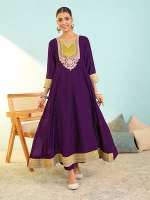 Women's Beautiful Embroidery Work Vichitra Silk Fabric Flared Anarkali Pant and Dupatta Set 5