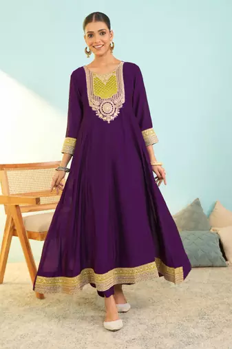 Women's Beautiful Embroidery Work Vichitra Silk Fabric Flared Anarkali Pant and Dupatta Set