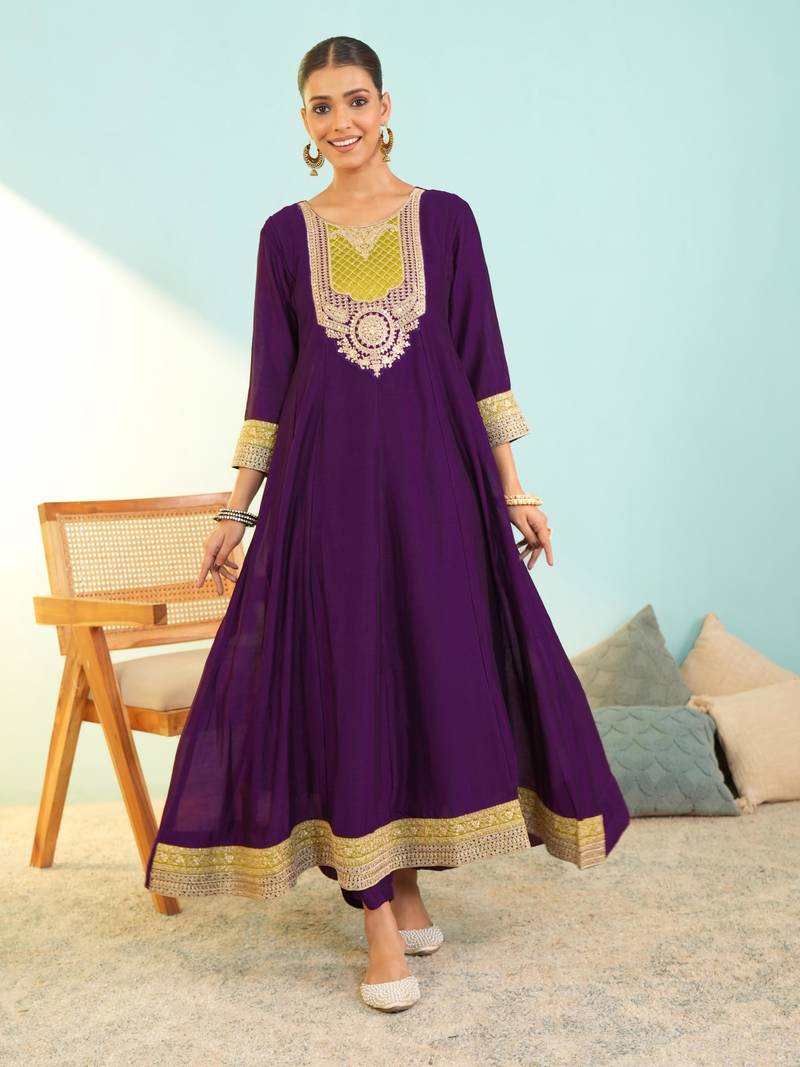 Women's Beautiful Embroidery Work Vichitra Silk Fabric Flared Anarkali Pant and Dupatta Set