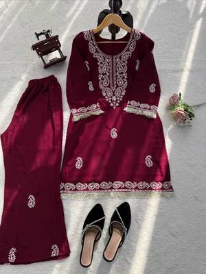 Maroon reyon thread work kurti with  pant 5